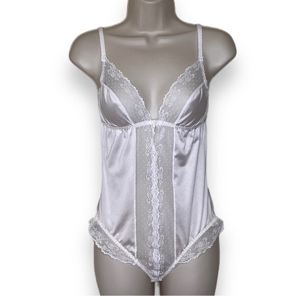 Vintage JCPenney Satin Lace Bodysuit Lingerie Teddy White Women Medium Intimates - Picture 1 of 16
